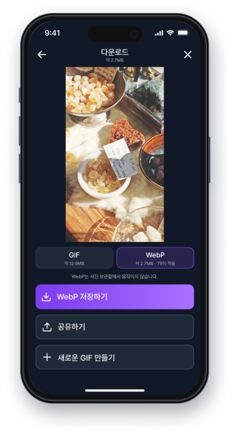 GIFLO 다운로드 화면. GIF와 WebP 중에서 고를 수 있다.