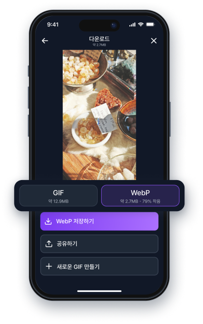 다운로드 화면에서 GIF와 WebP 중 형식을 고르는 모습.